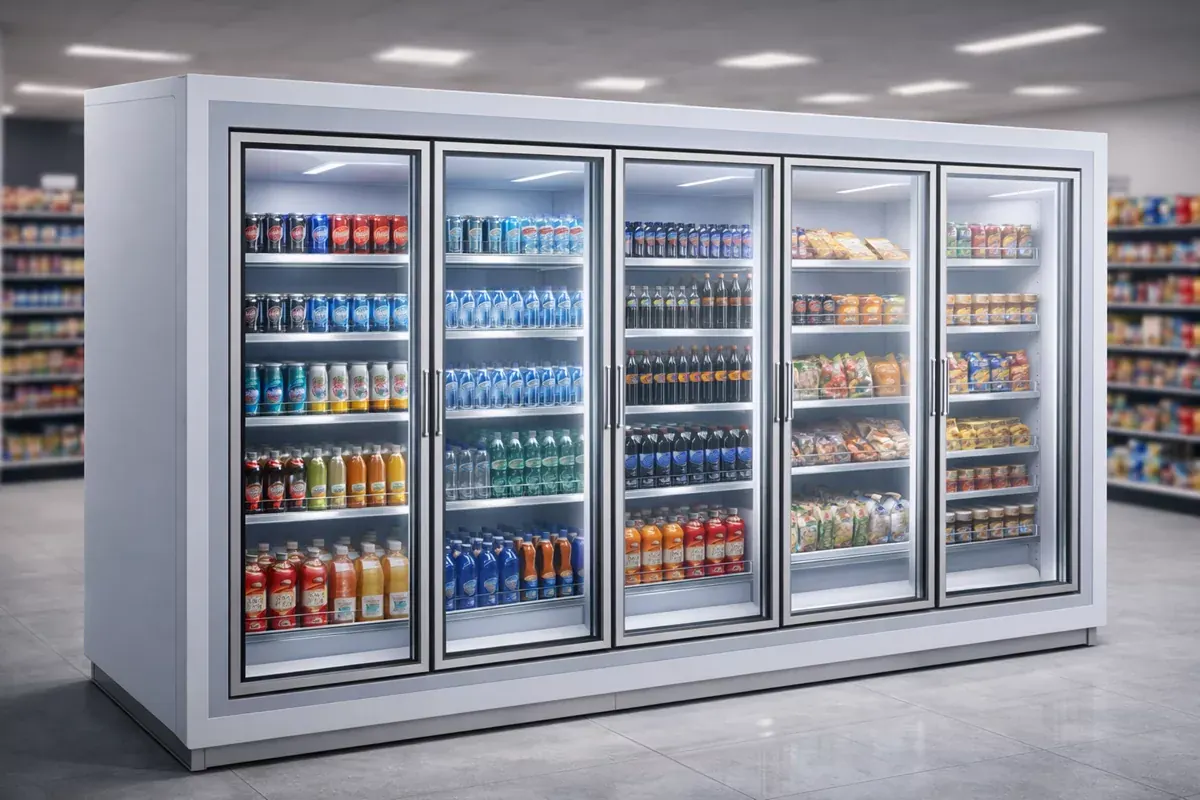 Cámara de autoservicio con puertas de cristal Reach-In y bebidas exhibidas