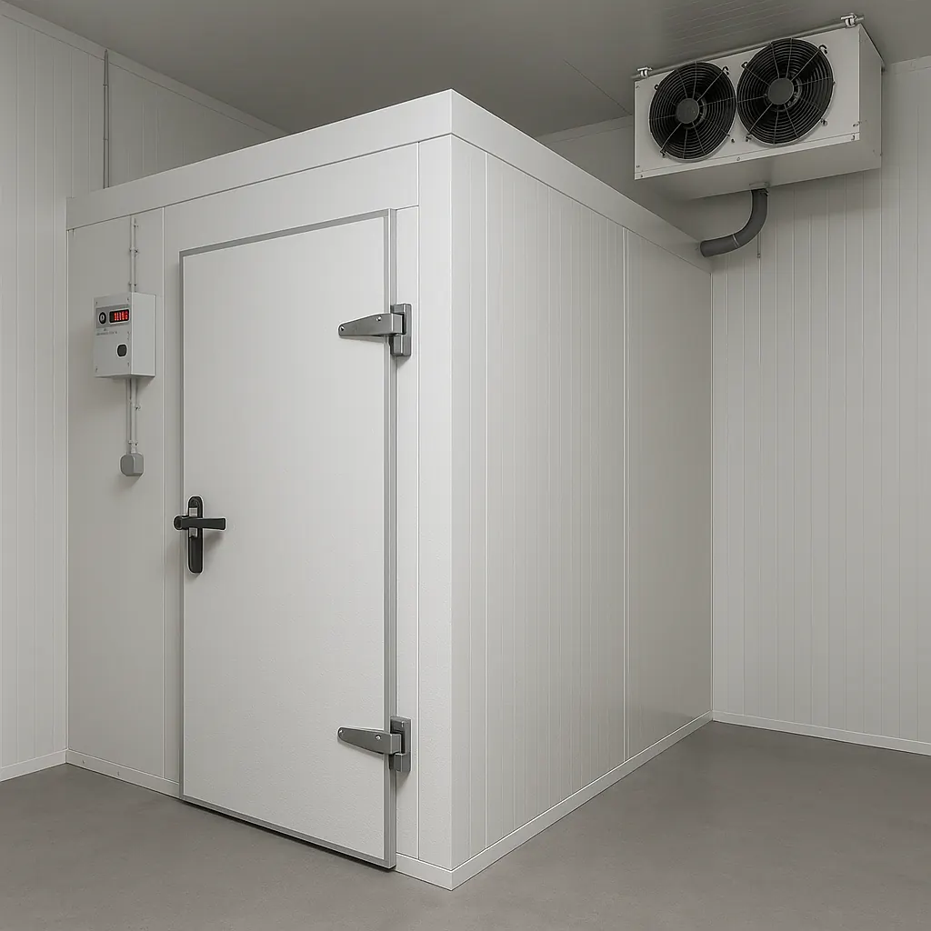 Cámara frigorífica con evaporador y puerta abatible lista para servicio
